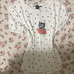 White Cat Shirt W/ Strawberry And Rose Design